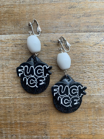 Fuck Ice Protest Activist Clip On Earrings Liberal Earrings Black & White Gothic Ear Hangers
