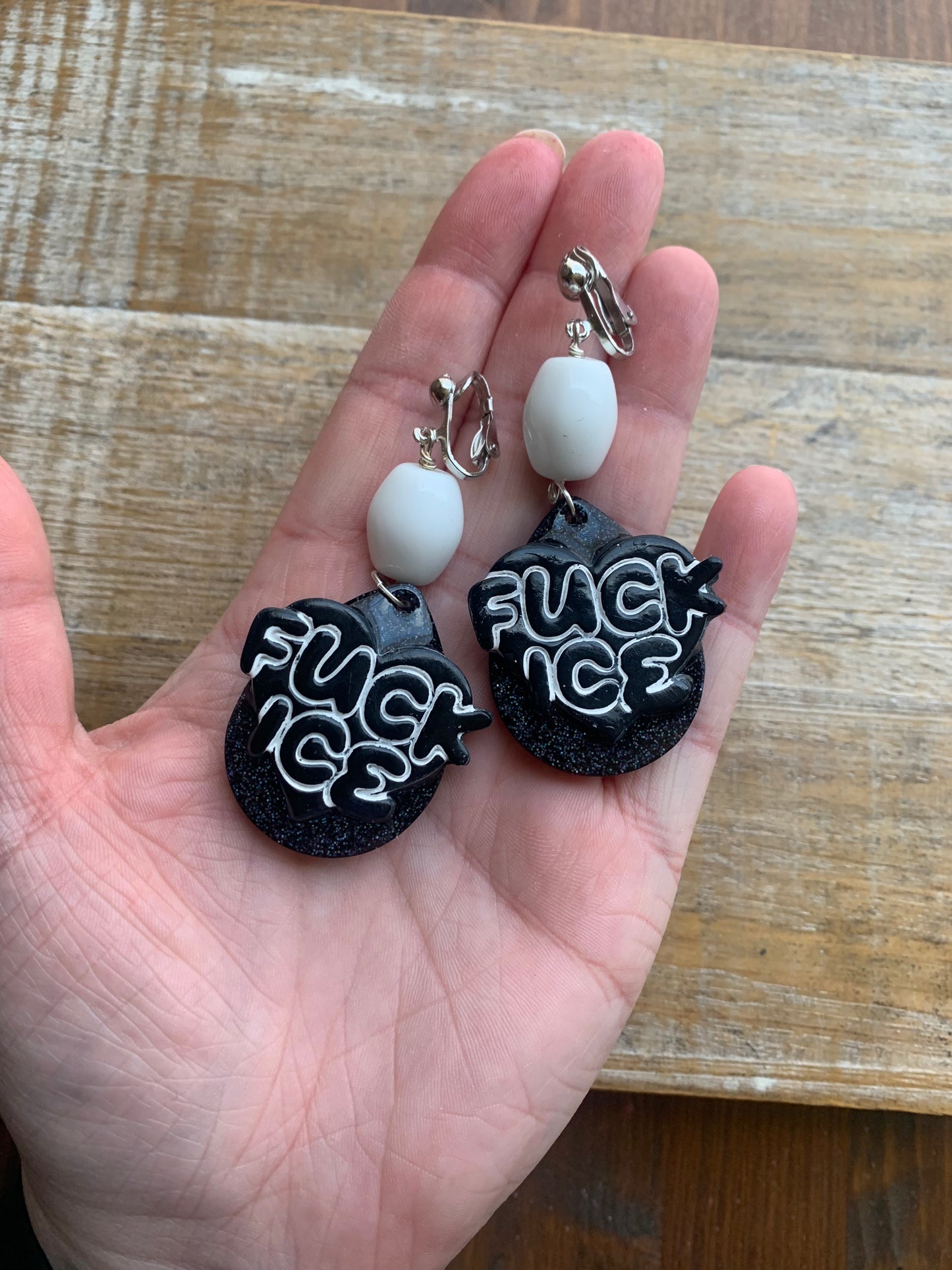 Fuck Ice Protest Activist Clip On Earrings Liberal Earrings Black & White Gothic Ear Hangers