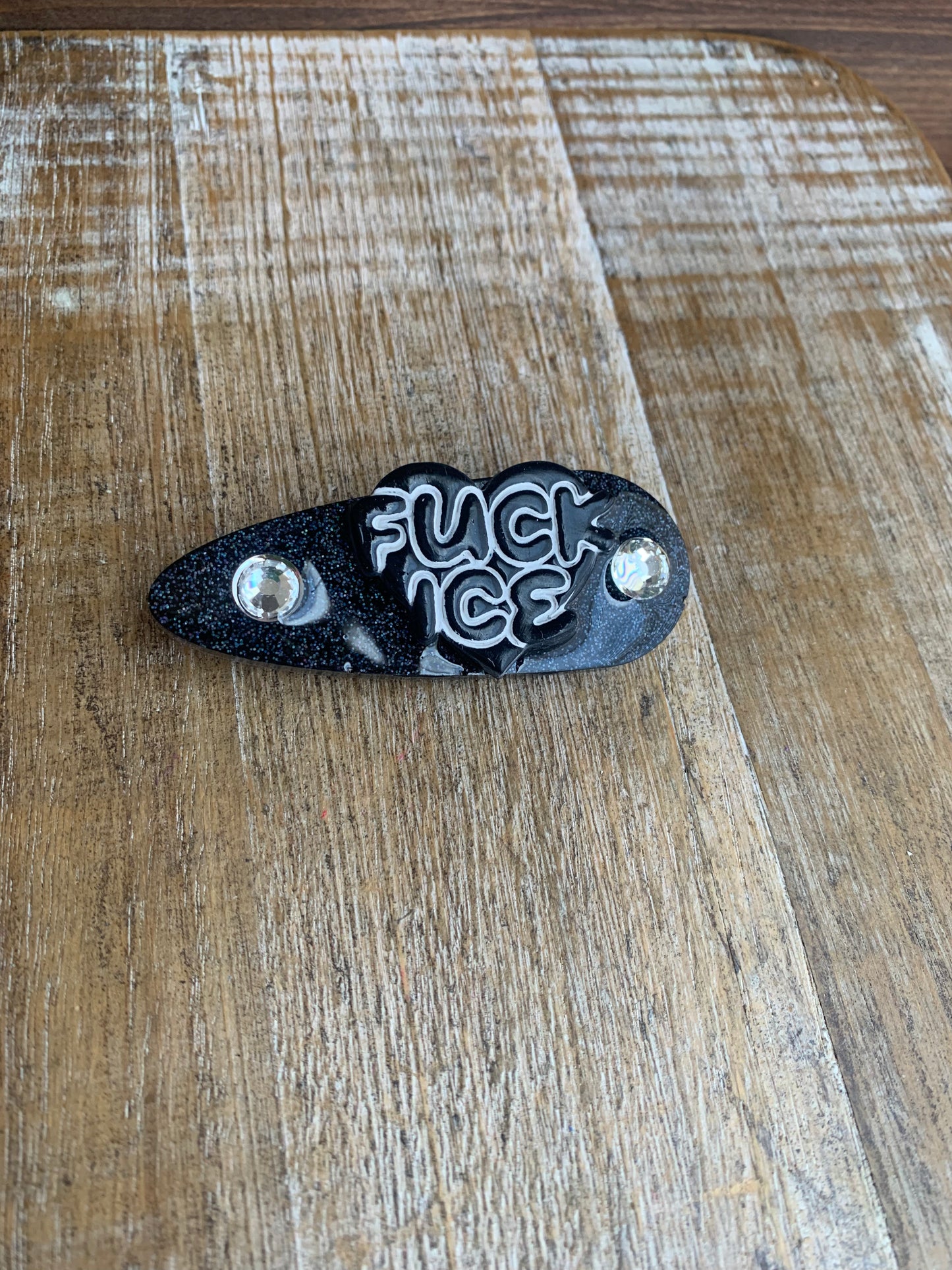 Fuck Ice Black Glitter Pin Painted Brooch Resin Anti Ice Protest Statement Pin with Rhinestones