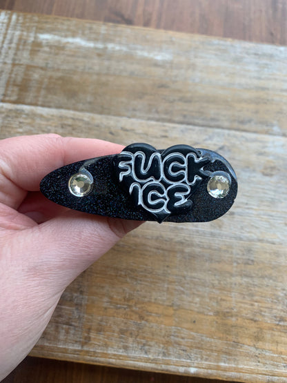 Fuck Ice Black Glitter Pin Painted Brooch Resin Anti Ice Protest Statement Pin with Rhinestones