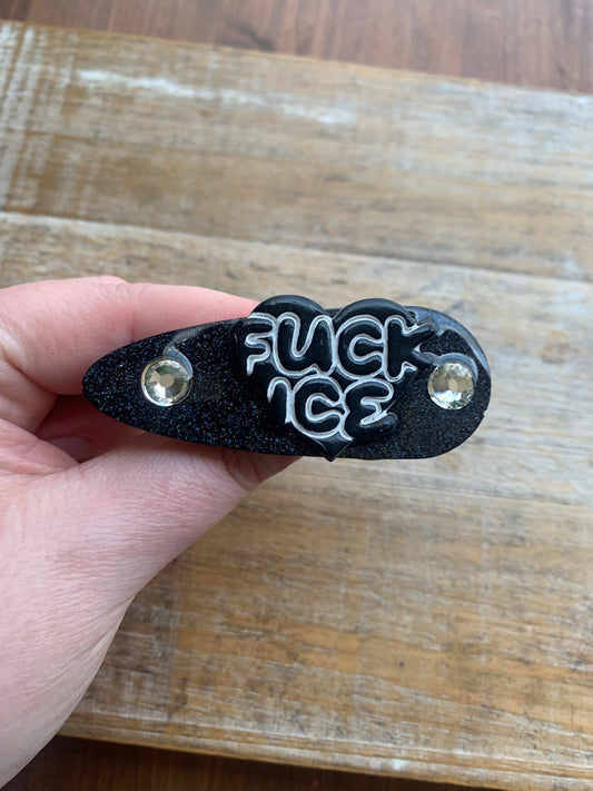 Fuck Ice Black Glitter Pin Painted Brooch Resin Anti Ice Protest Statement Pin with Rhinestones
