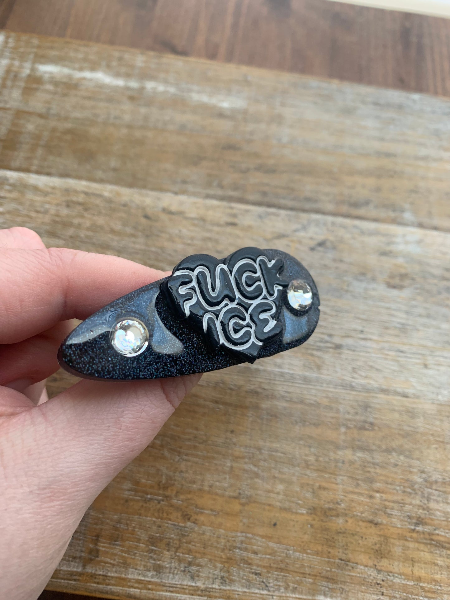 Fuck Ice Black Glitter Pin Painted Brooch Resin Anti Ice Protest Statement Pin with Rhinestones