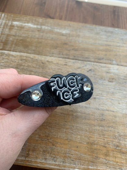 Fuck Ice Black Glitter Pin Painted Brooch Resin Anti Ice Protest Statement Pin with Rhinestones