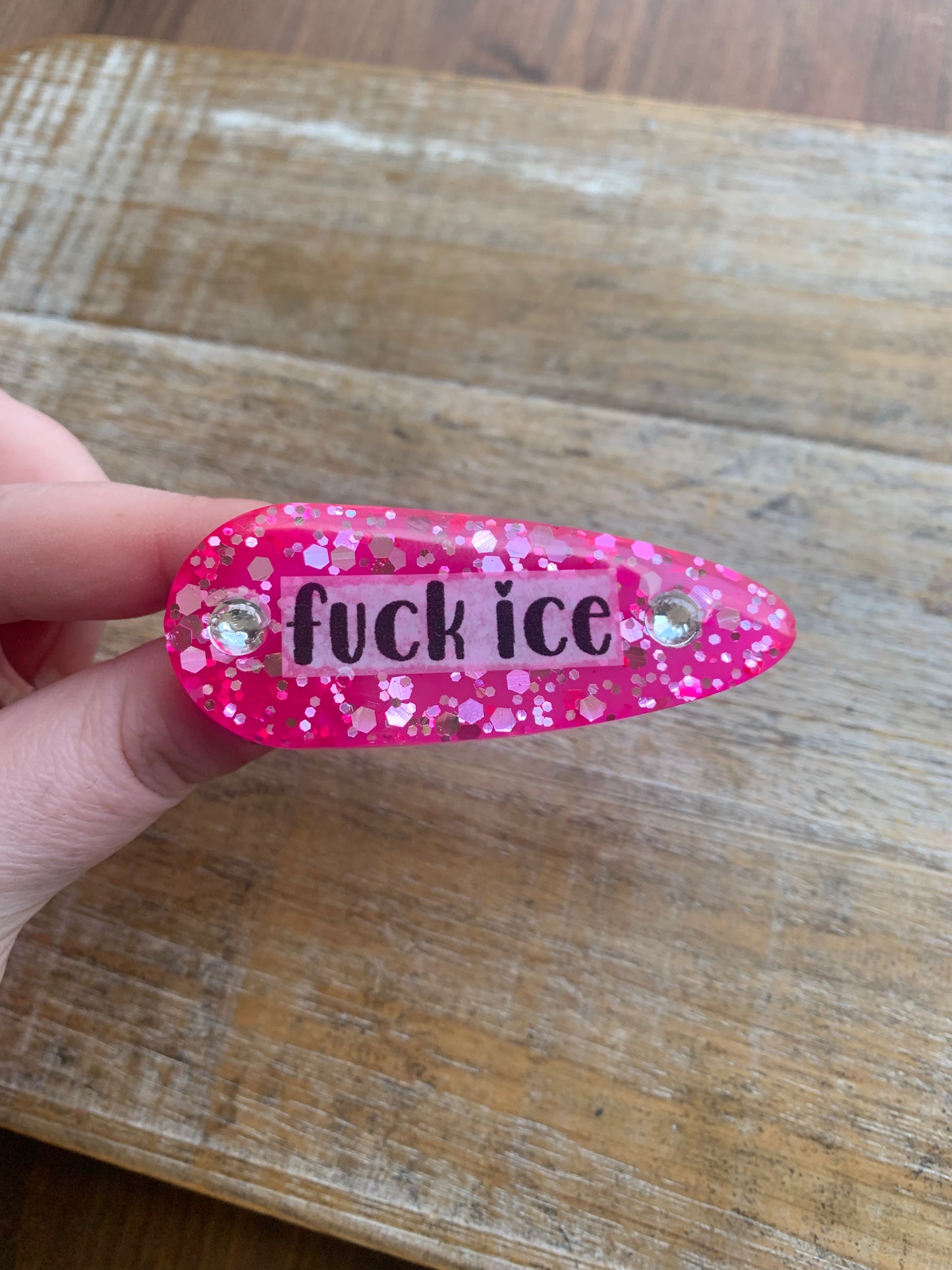 Fuck Ice Resin Hair Clip Rhinestone Pink Glitter Hair Accessory