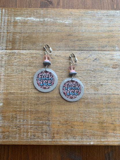 Fuck Ice Protest Activist Clip On Earrings Liberal Earrings Gray & Pink Clay Ear Hangers