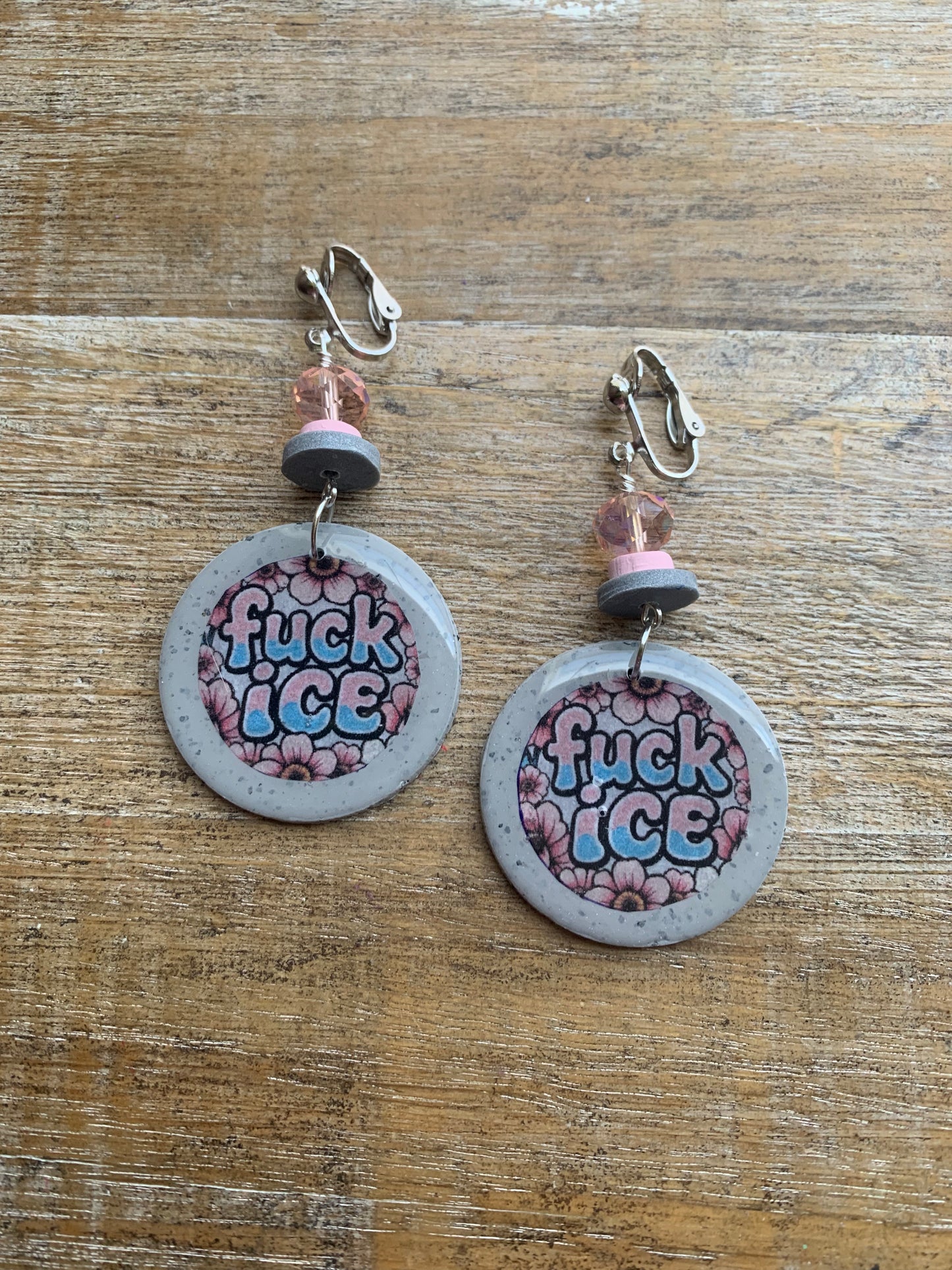 Fuck Ice Protest Activist Clip On Earrings Liberal Earrings Gray & Pink Clay Ear Hangers