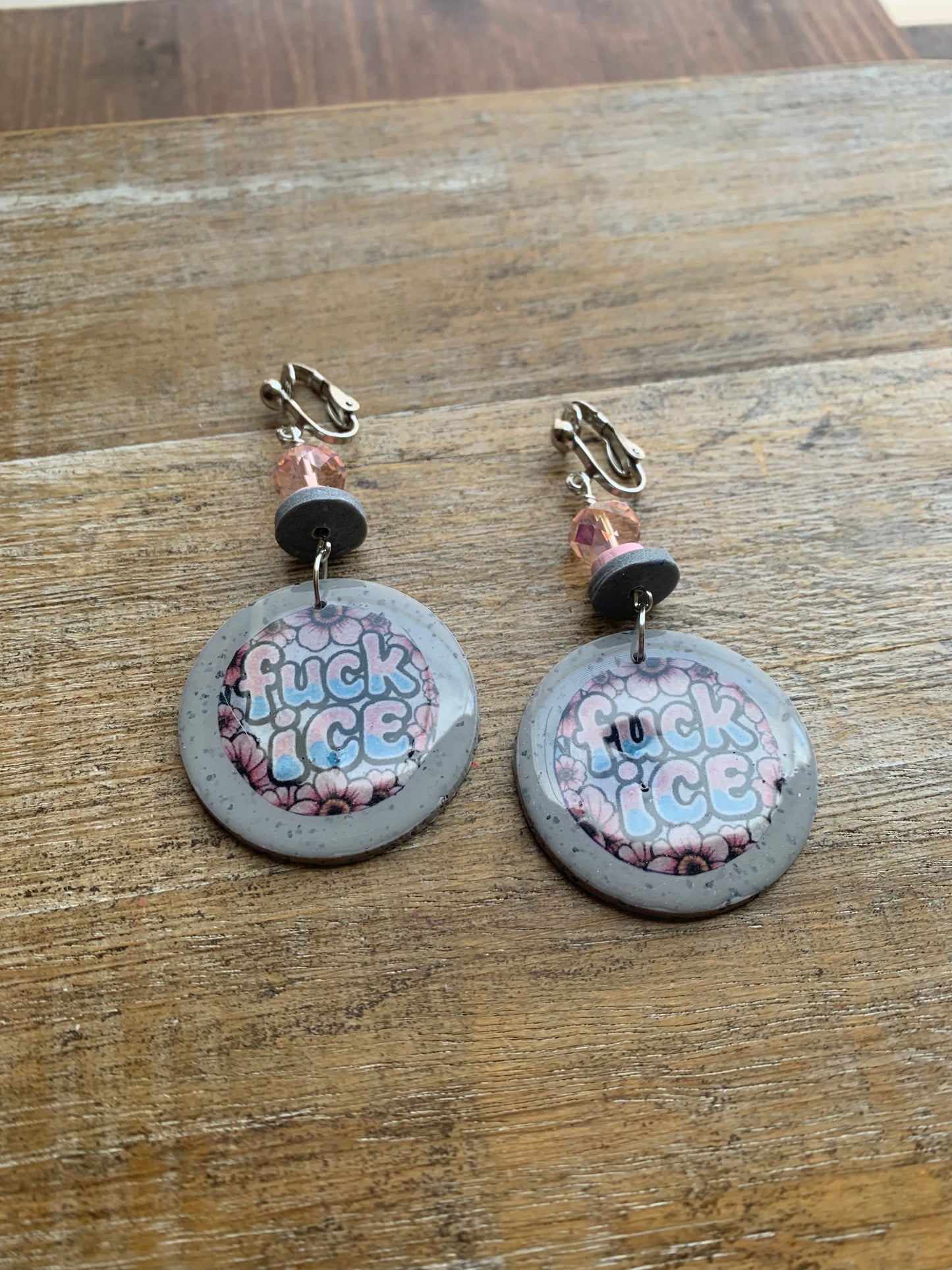 Fuck Ice Protest Activist Clip On Earrings Liberal Earrings Gray & Pink Clay Ear Hangers