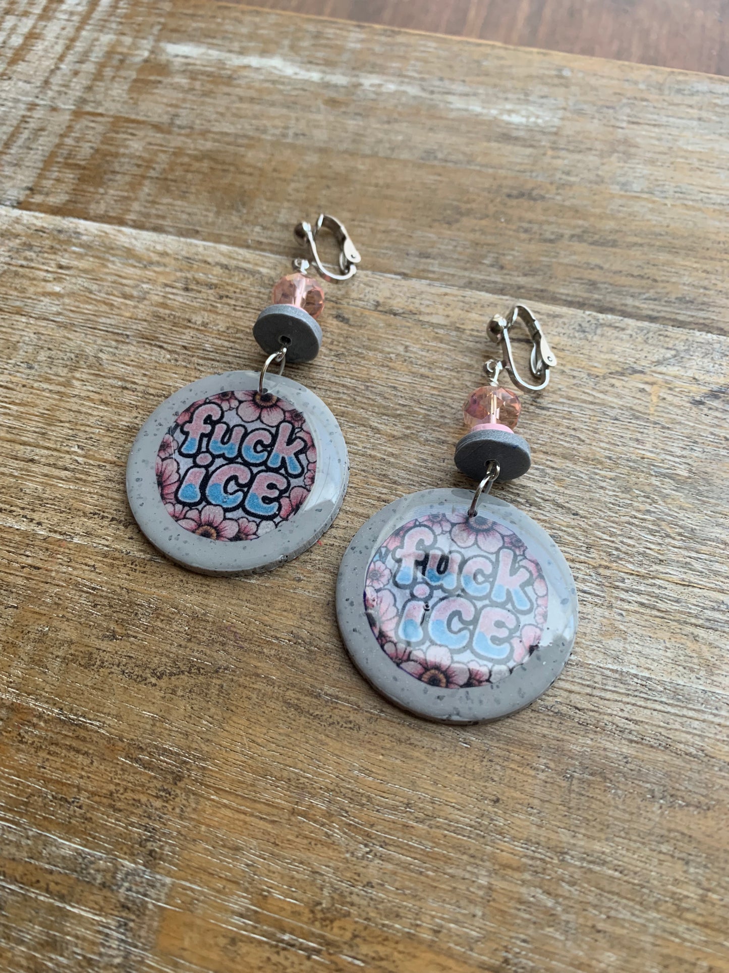 Fuck Ice Protest Activist Clip On Earrings Liberal Earrings Gray & Pink Clay Ear Hangers