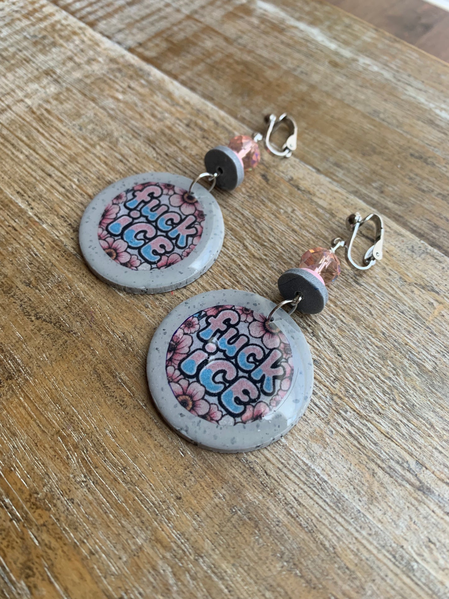 Fuck Ice Protest Activist Clip On Earrings Liberal Earrings Gray & Pink Clay Ear Hangers