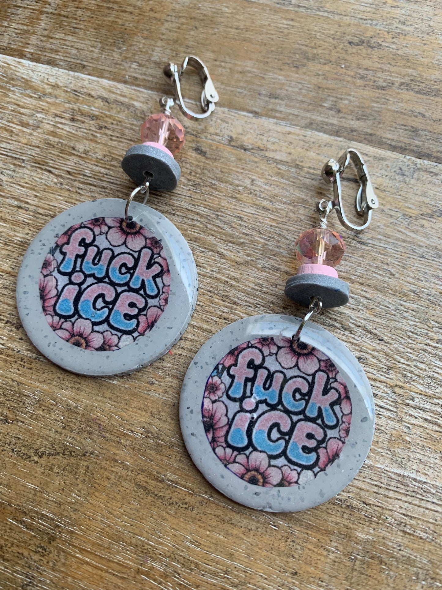 Fuck Ice Protest Activist Clip On Earrings Liberal Earrings Gray & Pink Clay Ear Hangers