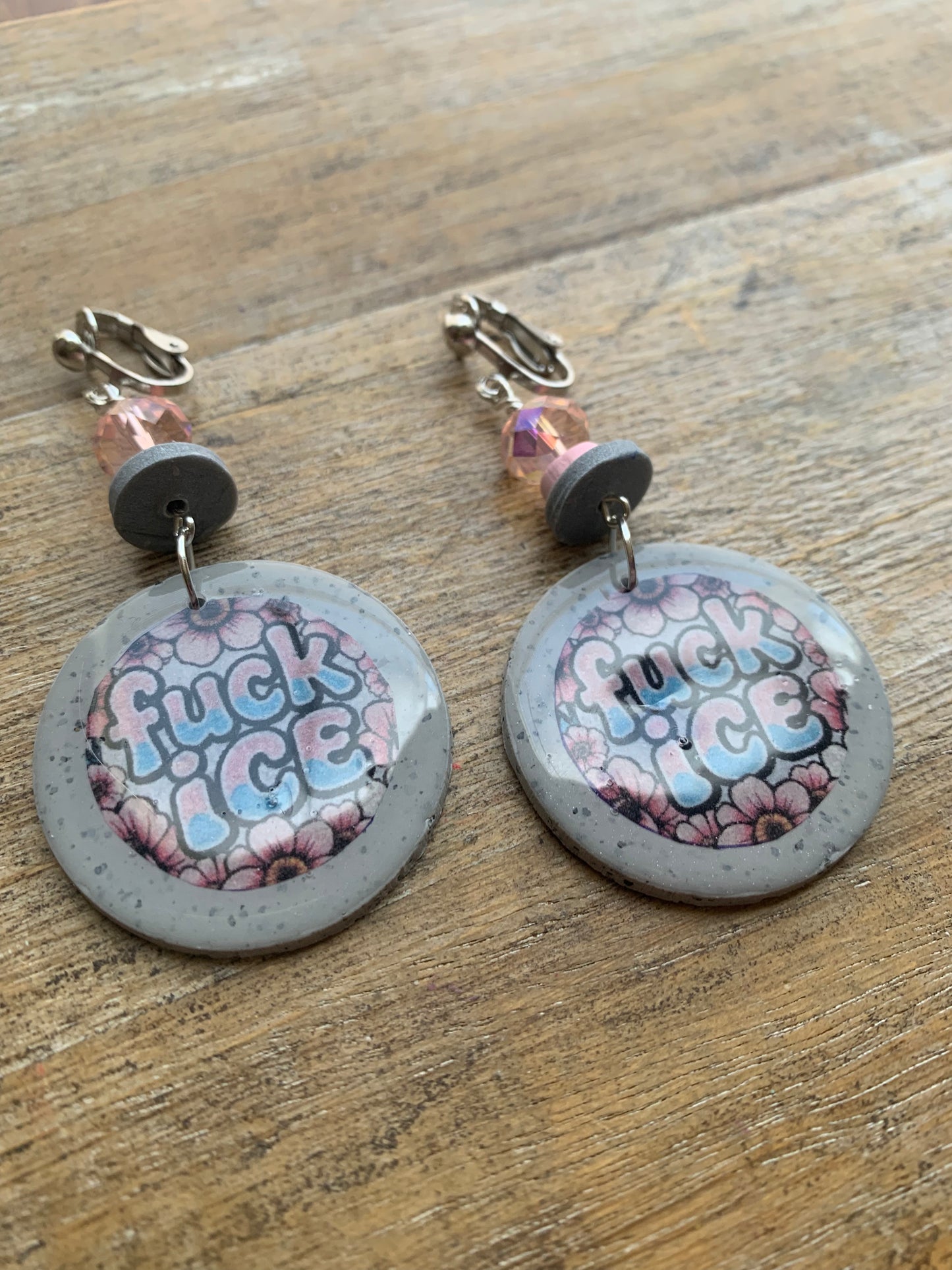 Fuck Ice Protest Activist Clip On Earrings Liberal Earrings Gray & Pink Clay Ear Hangers