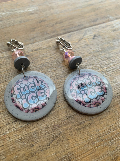 Fuck Ice Protest Activist Clip On Earrings Liberal Earrings Gray & Pink Clay Ear Hangers