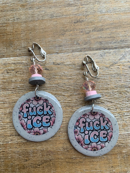 Fuck Ice Protest Activist Clip On Earrings Liberal Earrings Gray & Pink Clay Ear Hangers