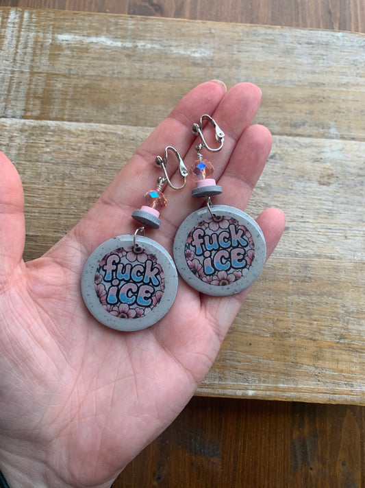 Fuck Ice Protest Activist Clip On Earrings Liberal Earrings Gray & Pink Clay Ear Hangers