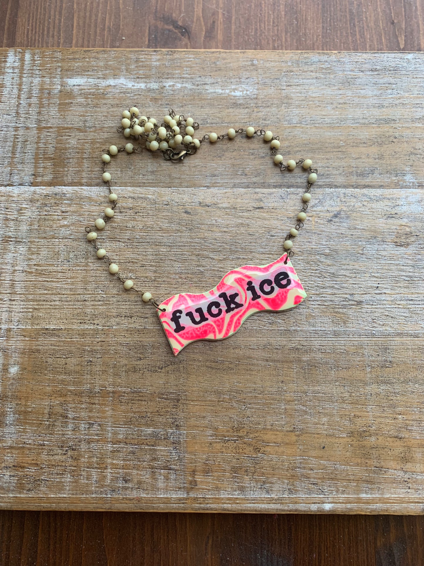 Fuck Ice Neon Pink & Yellow Upcycled Clay Vintage Beaded Protest Necklace