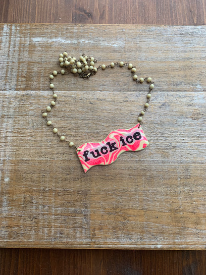 Fuck Ice Neon Pink & Yellow Upcycled Clay Vintage Beaded Protest Necklace