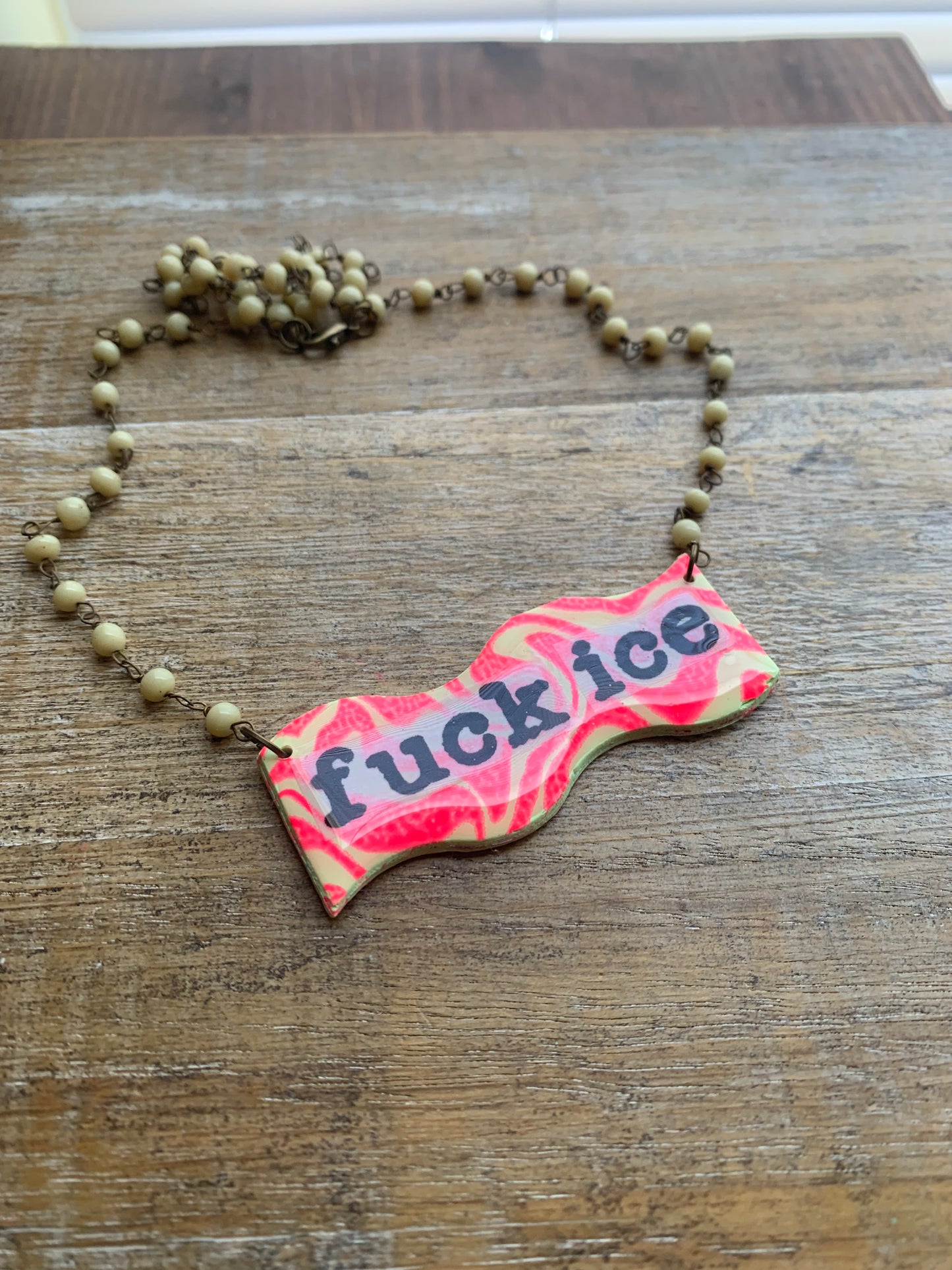 Fuck Ice Neon Pink & Yellow Upcycled Clay Vintage Beaded Protest Necklace