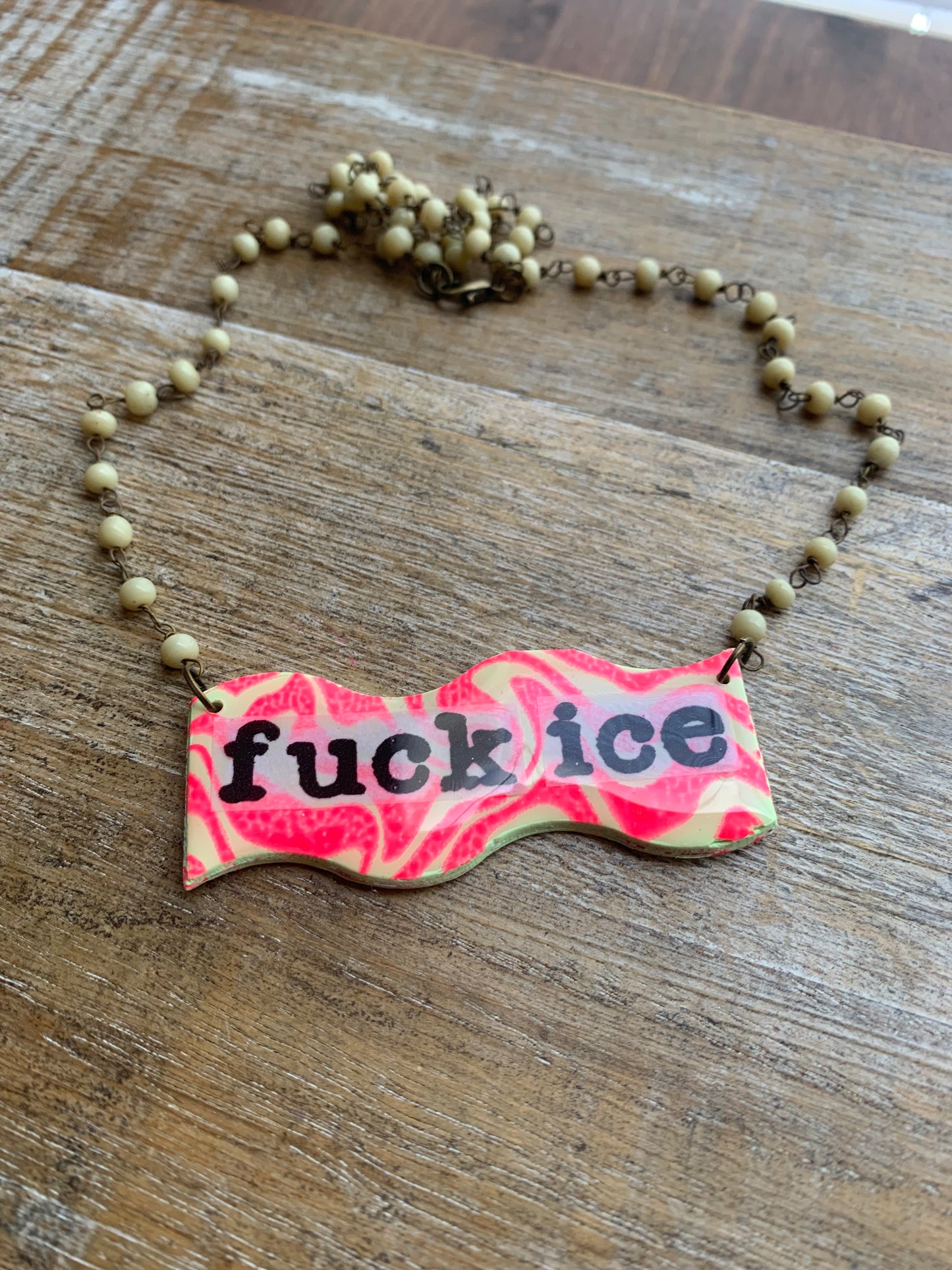 Fuck Ice Neon Pink & Yellow Upcycled Clay Vintage Beaded Protest Necklace