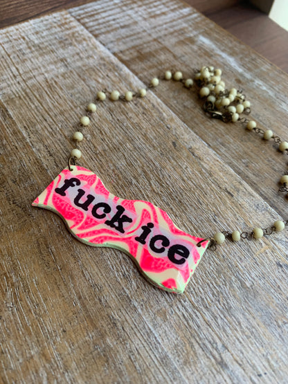 Fuck Ice Neon Pink & Yellow Upcycled Clay Vintage Beaded Protest Necklace