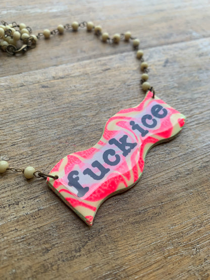 Fuck Ice Neon Pink & Yellow Upcycled Clay Vintage Beaded Protest Necklace