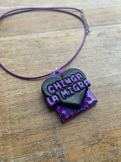 Chinga La Migra Purple & Black Painted Clay Corded Resin Protest Necklace