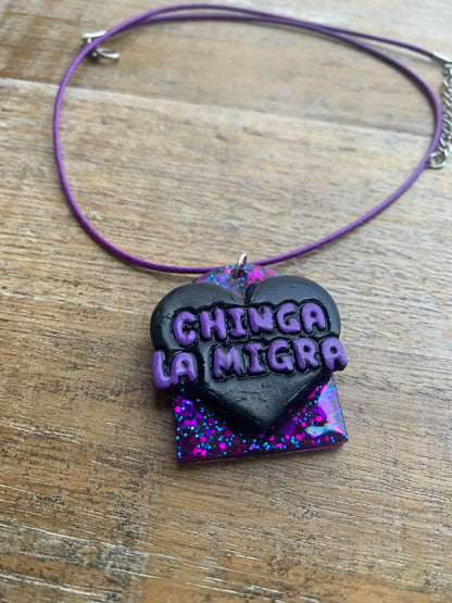 Chinga La Migra Purple & Black Painted Clay Corded Resin Protest Necklace