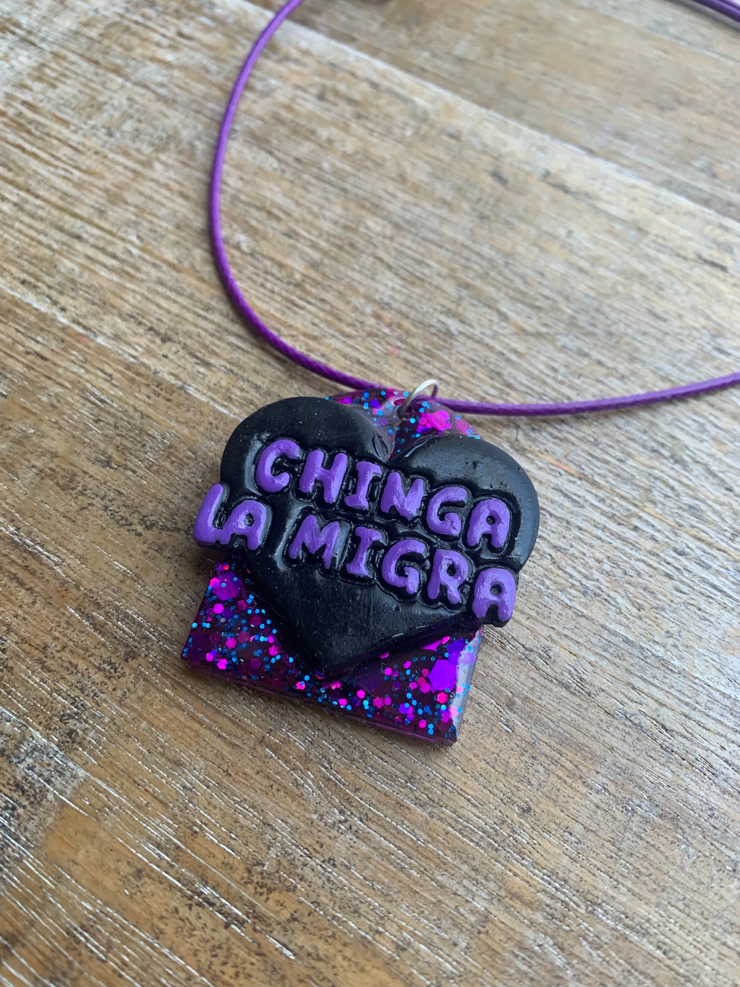 Chinga La Migra Purple & Black Painted Clay Corded Resin Protest Necklace