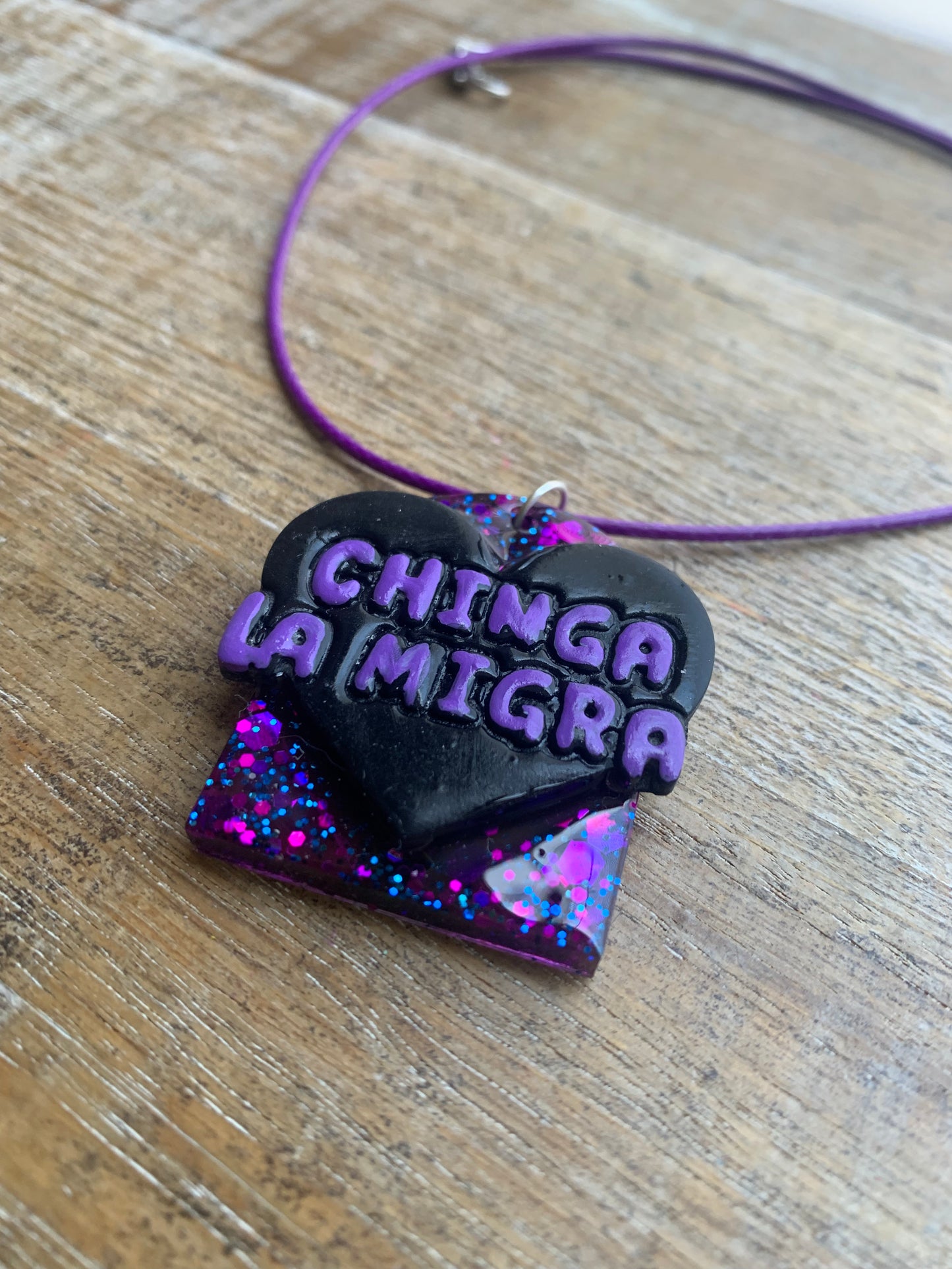 Chinga La Migra Purple & Black Painted Clay Corded Resin Protest Necklace