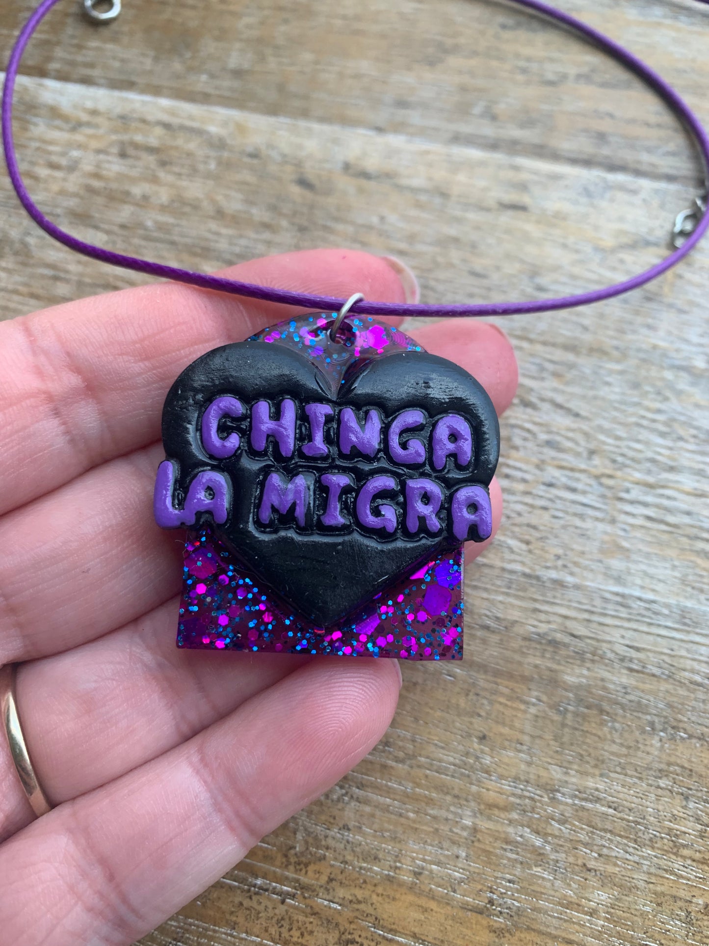 Chinga La Migra Purple & Black Painted Clay Corded Resin Protest Necklace