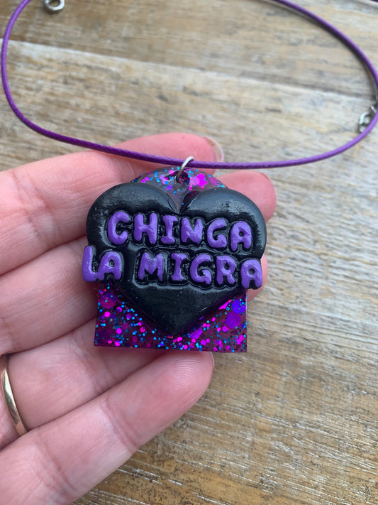 Chinga La Migra Purple & Black Painted Clay Corded Resin Protest Necklace