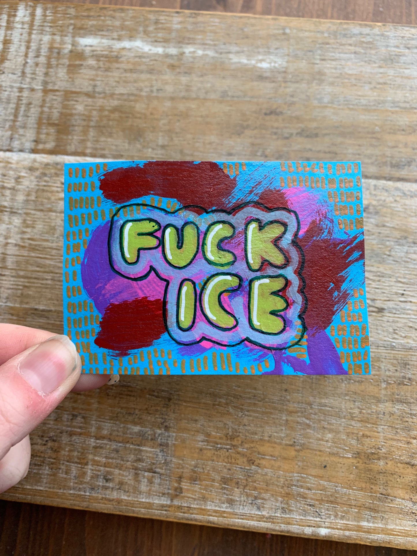 Original ACEO Acrylic Painting 2.5x3.5 Anti ICE “Fuck Ice”