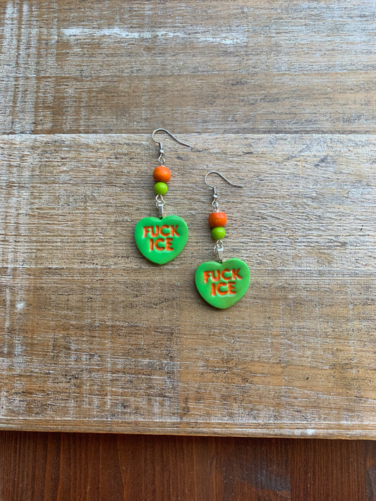 Fuck Ice Protest Activist Earrings Liberal Clip On Earrings Orange & Lime Green Ear Hangers