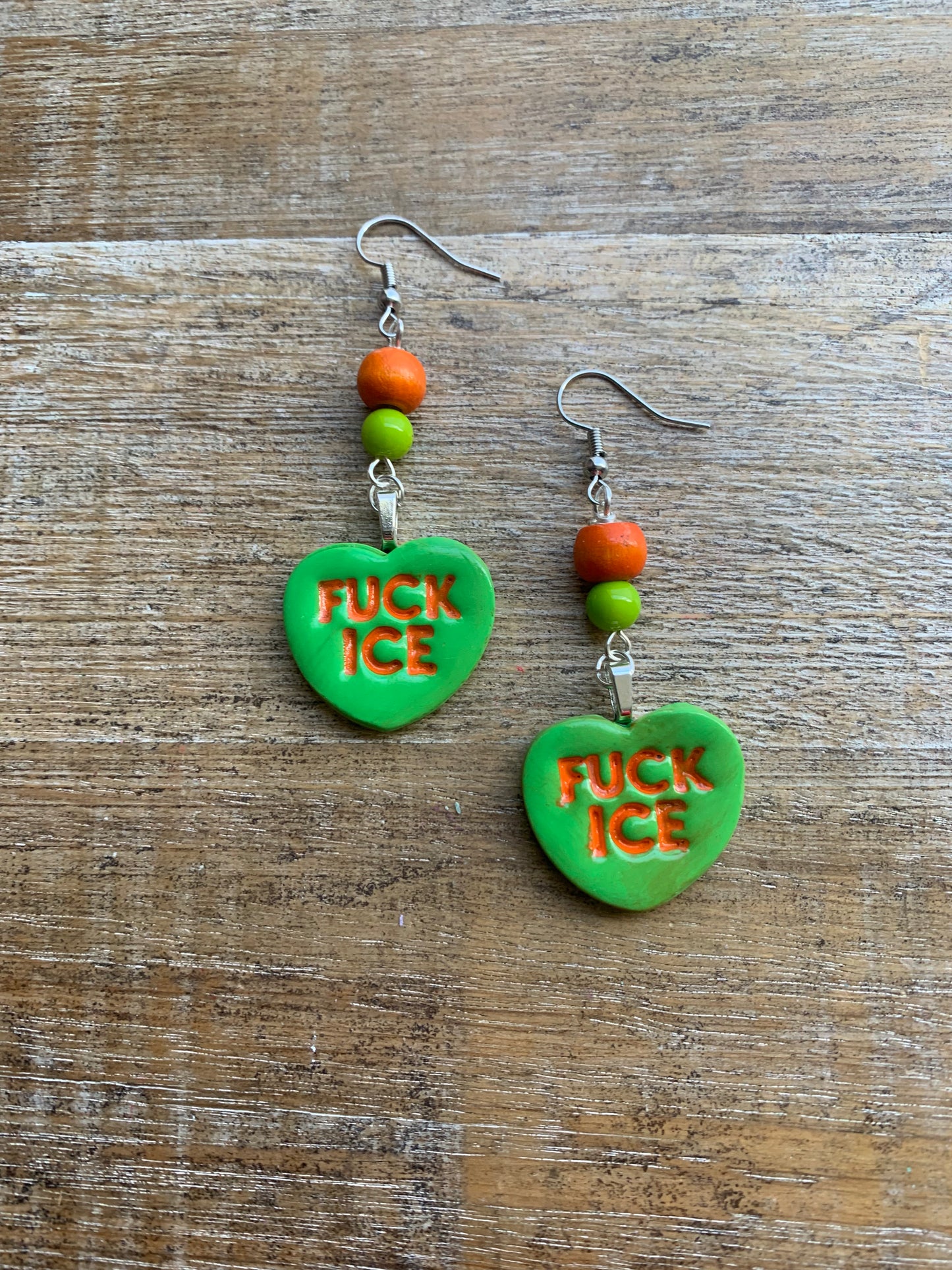 Fuck Ice Protest Activist Earrings Liberal Clip On Earrings Orange & Lime Green Ear Hangers
