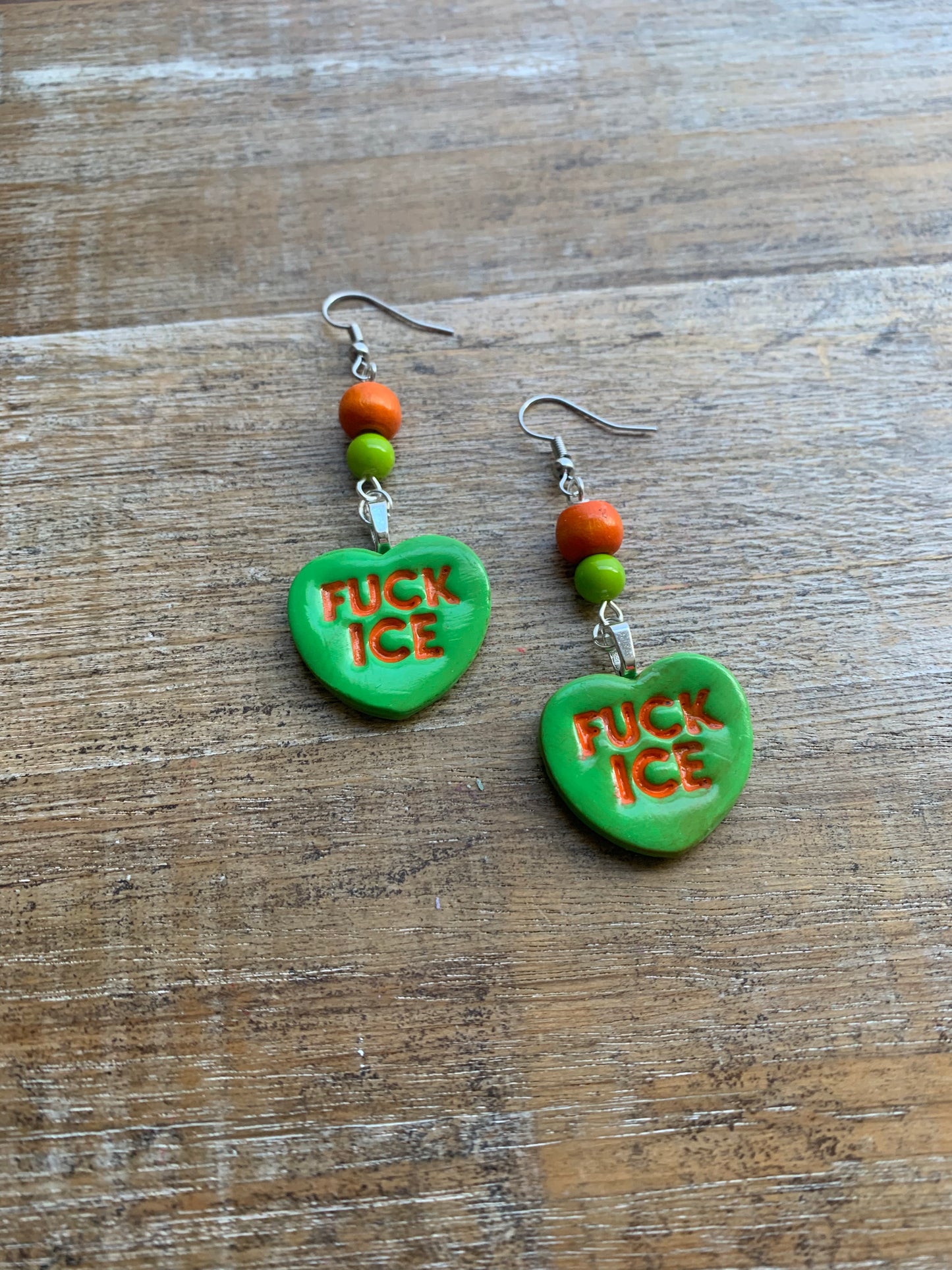 Fuck Ice Protest Activist Earrings Liberal Clip On Earrings Orange & Lime Green Ear Hangers
