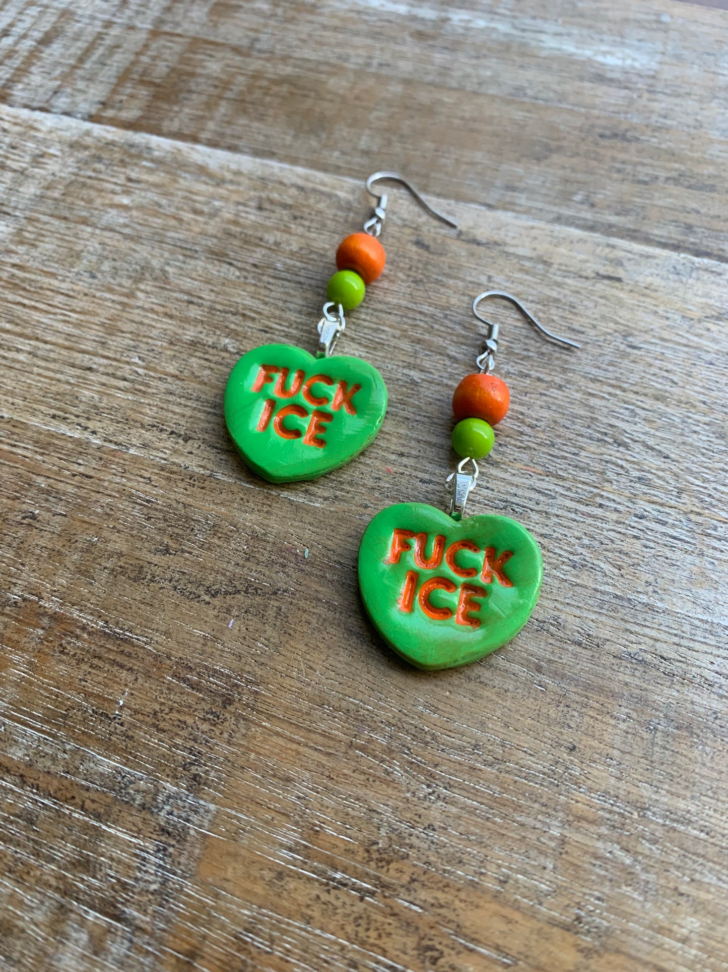 Fuck Ice Protest Activist Earrings Liberal Clip On Earrings Orange & Lime Green Ear Hangers