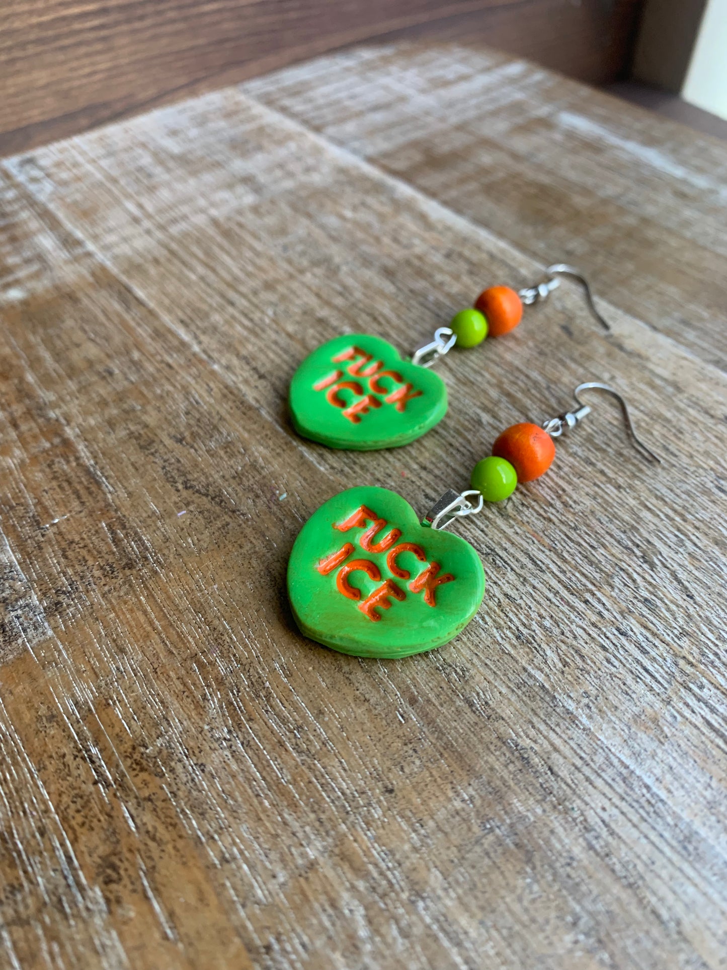Fuck Ice Protest Activist Earrings Liberal Clip On Earrings Orange & Lime Green Ear Hangers