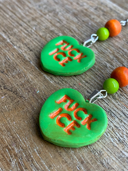 Fuck Ice Protest Activist Earrings Liberal Clip On Earrings Orange & Lime Green Ear Hangers