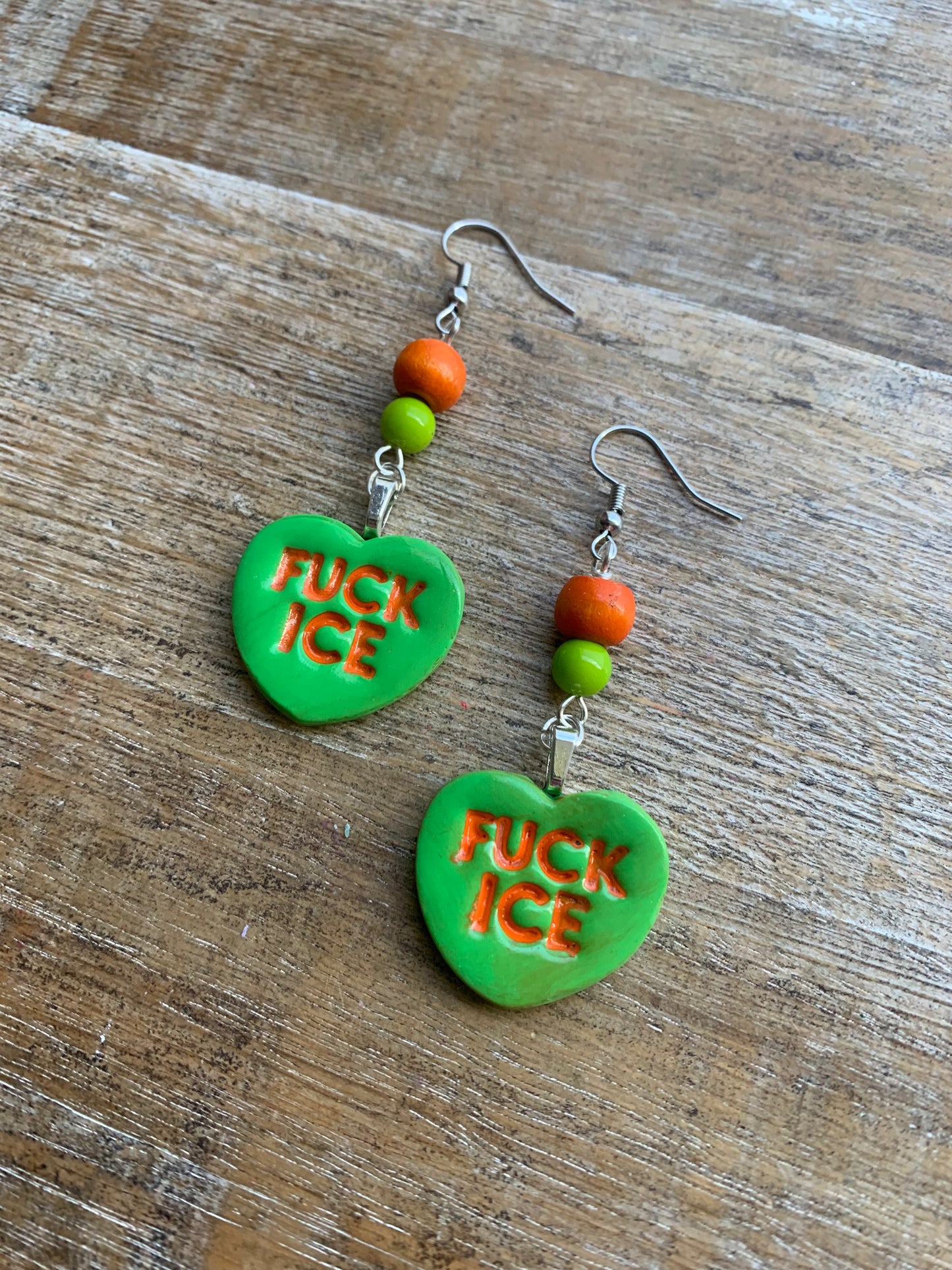 Fuck Ice Protest Activist Earrings Liberal Clip On Earrings Orange & Lime Green Ear Hangers