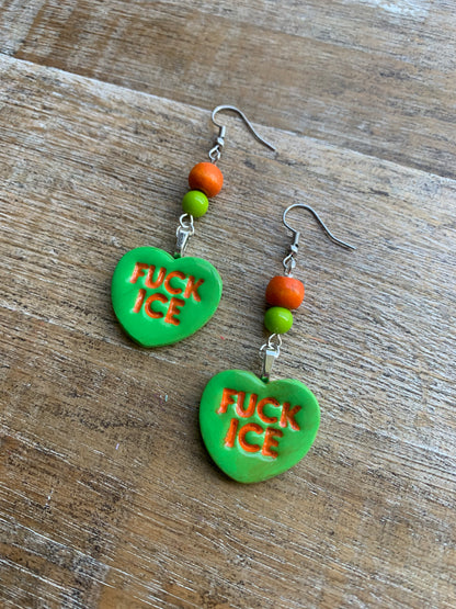 Fuck Ice Protest Activist Earrings Liberal Clip On Earrings Orange & Lime Green Ear Hangers