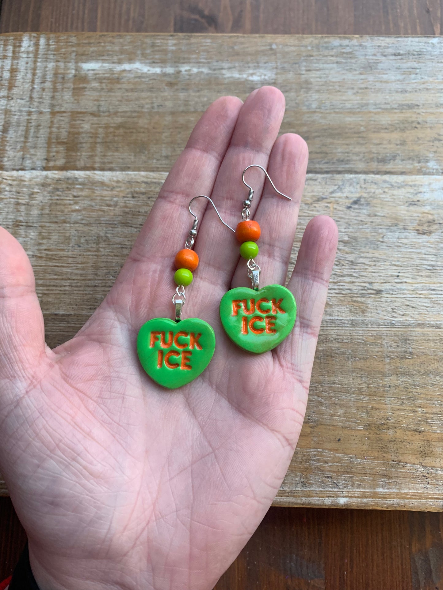 Fuck Ice Protest Activist Earrings Liberal Clip On Earrings Orange & Lime Green Ear Hangers