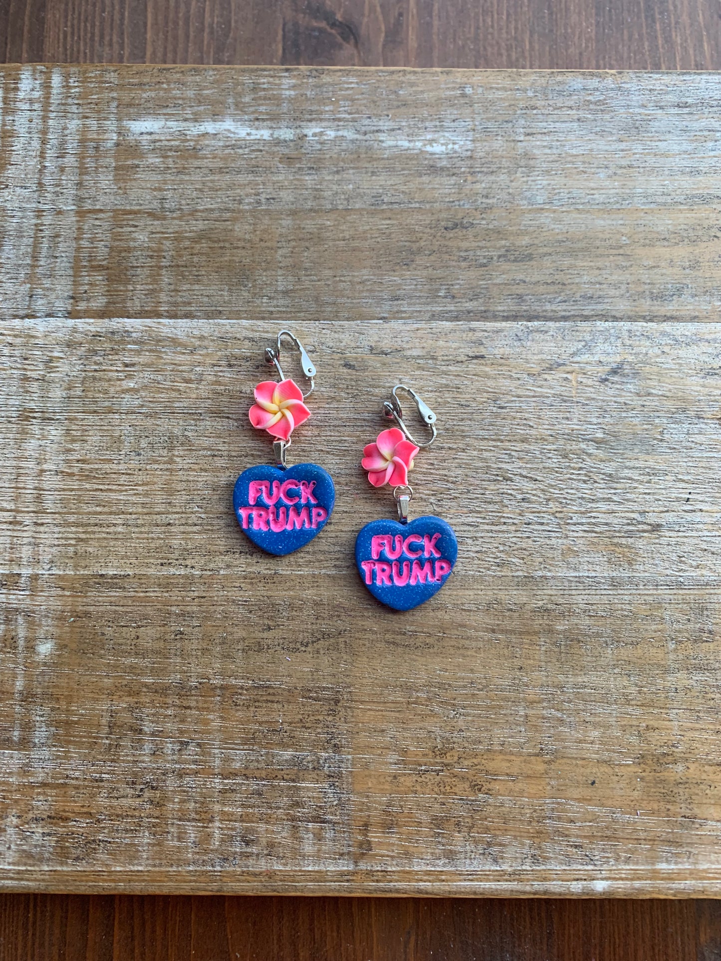 Fuck Trump Protest Activist Clip On Earrings Liberal Flower Blue & Pink Ear Hangers