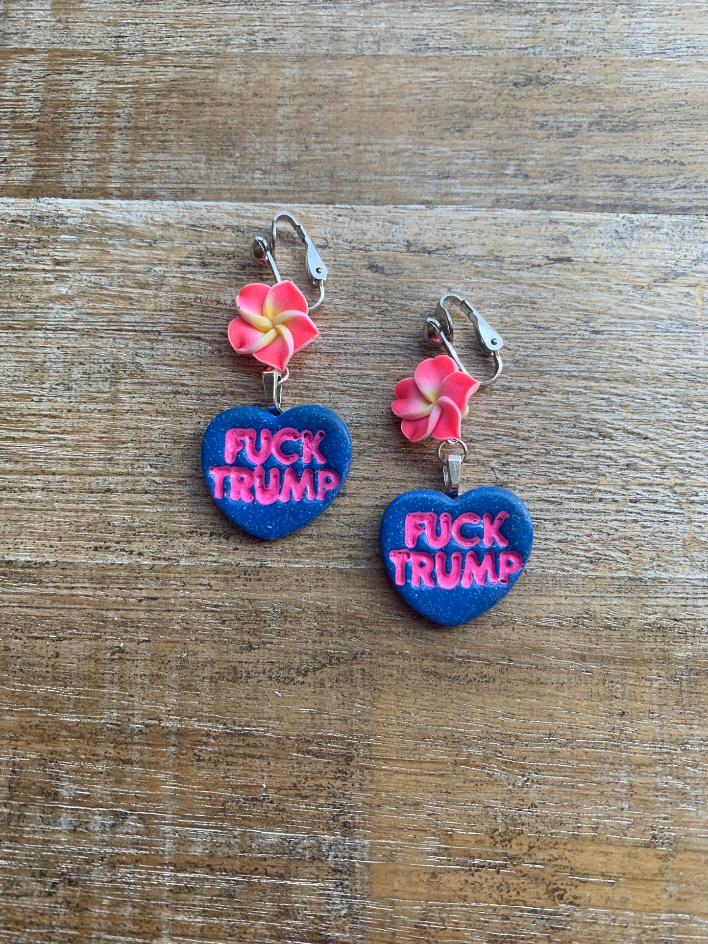 Fuck Trump Protest Activist Clip On Earrings Liberal Flower Blue & Pink Ear Hangers