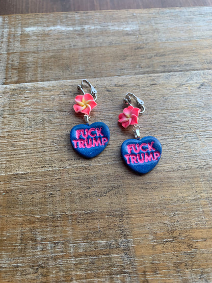 Fuck Trump Protest Activist Clip On Earrings Liberal Flower Blue & Pink Ear Hangers