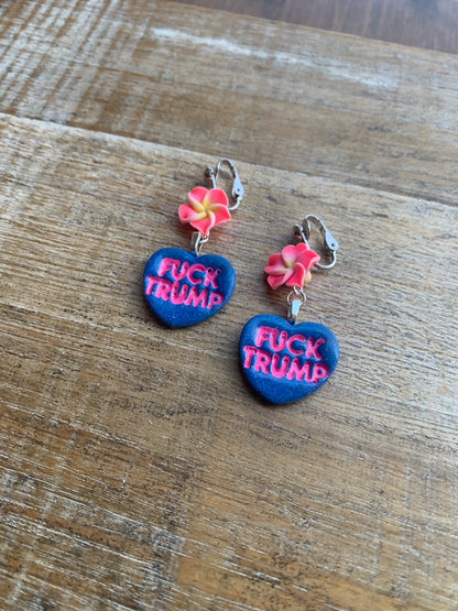 Fuck Trump Protest Activist Clip On Earrings Liberal Flower Blue & Pink Ear Hangers