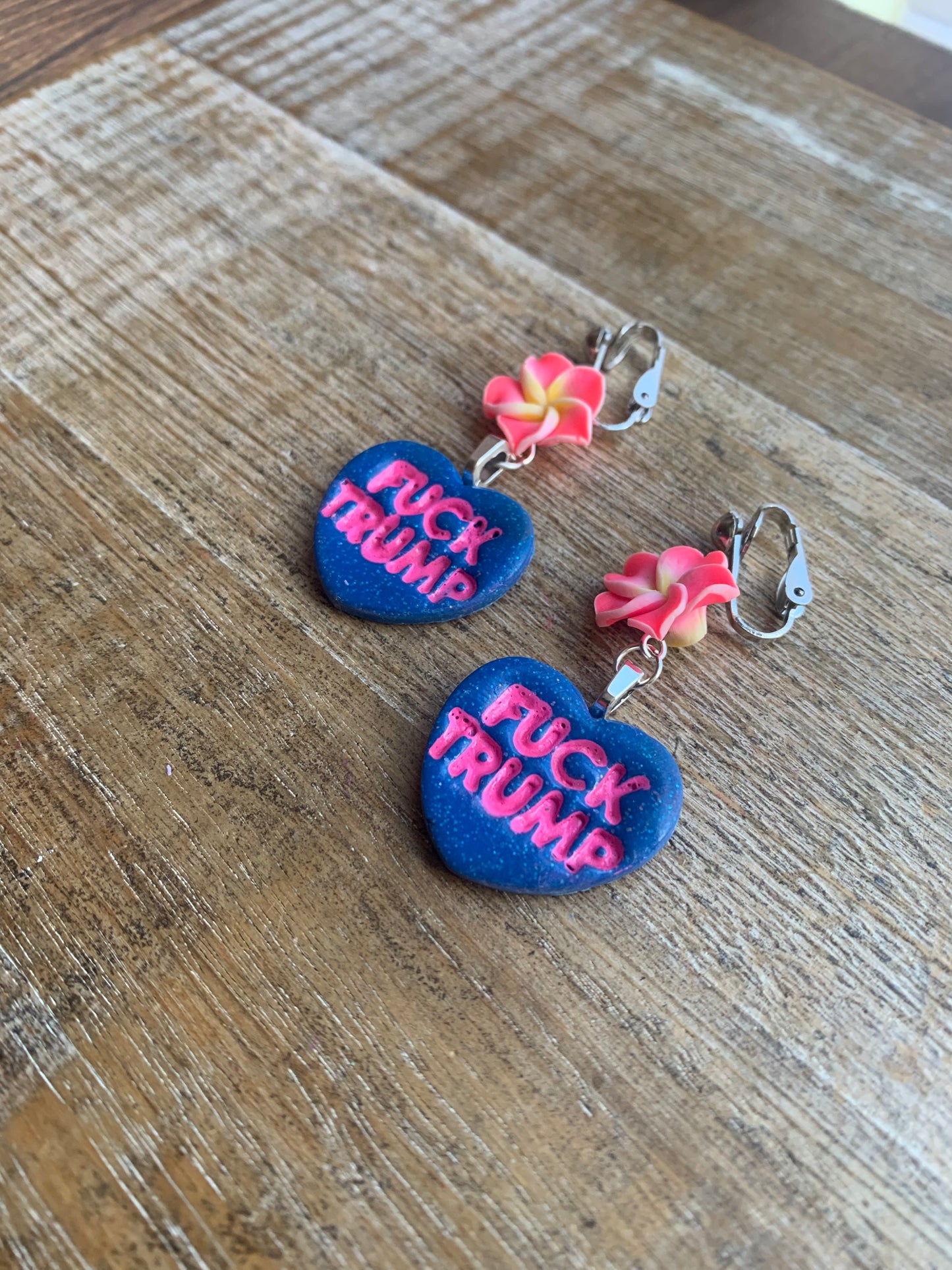Fuck Trump Protest Activist Clip On Earrings Liberal Flower Blue & Pink Ear Hangers