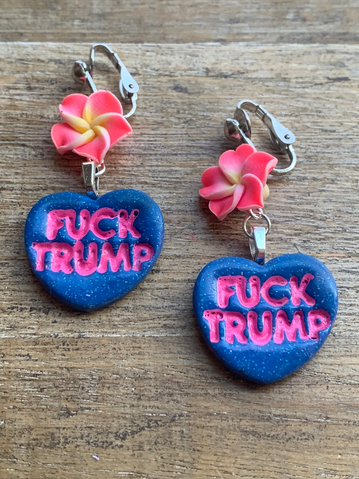 Fuck Trump Protest Activist Clip On Earrings Liberal Flower Blue & Pink Ear Hangers
