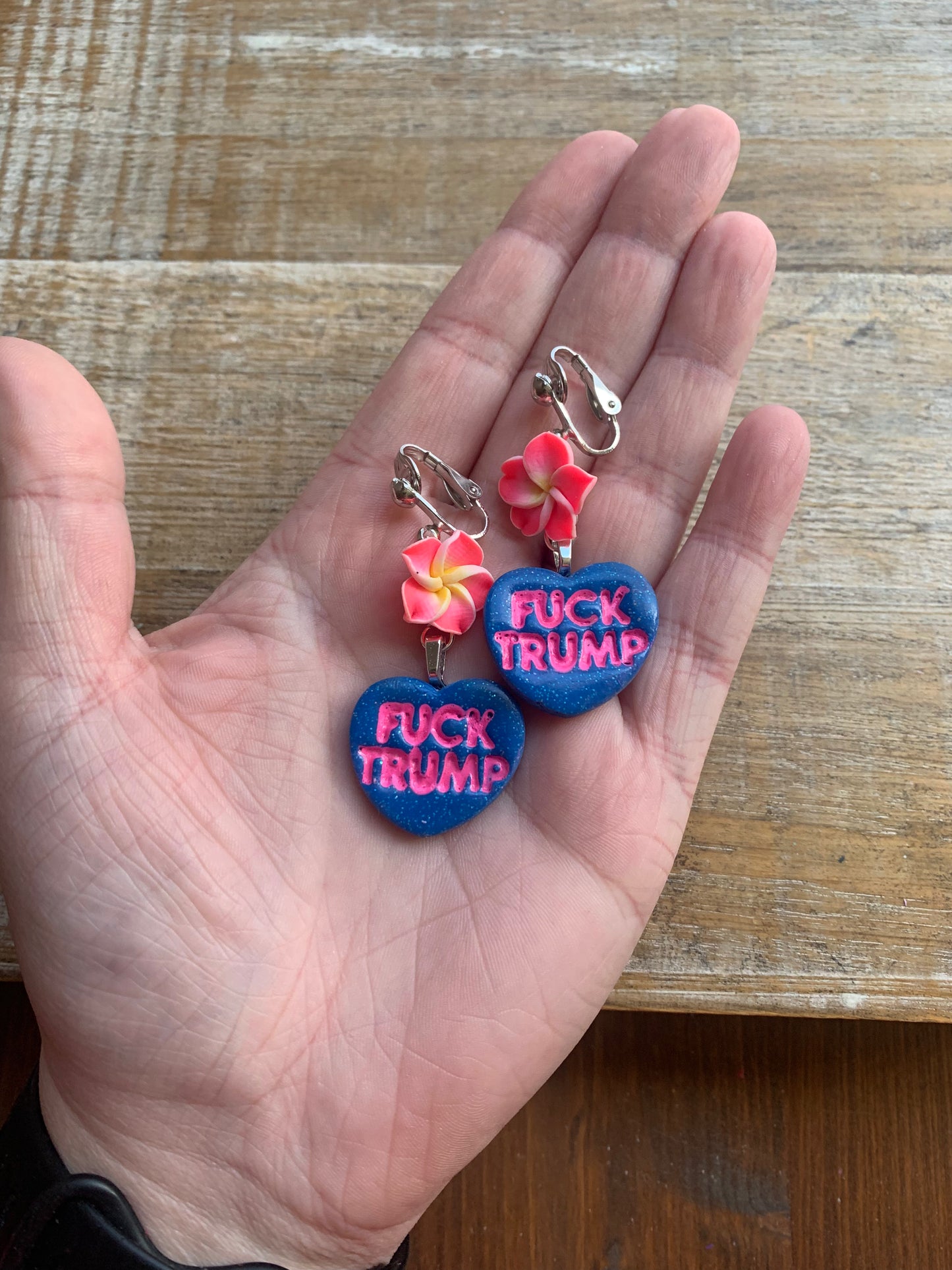 Fuck Trump Protest Activist Clip On Earrings Liberal Flower Blue & Pink Ear Hangers