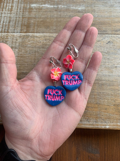 Fuck Trump Protest Activist Clip On Earrings Liberal Flower Blue & Pink Ear Hangers
