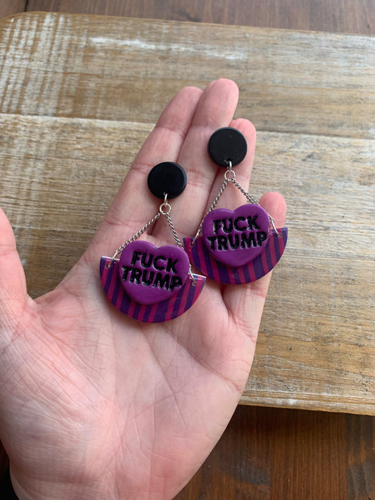 Fuck Trump Protest Activist Stud Earrings Liberal Striped Blue & Pink Ear Hangers Clip On