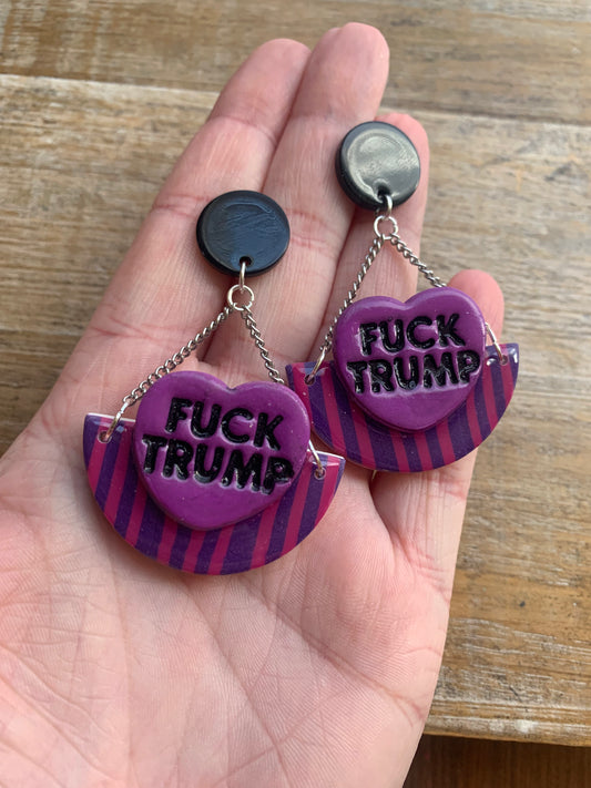 Fuck Trump Protest Activist Stud Earrings Liberal Striped Blue & Pink Ear Hangers Clip On